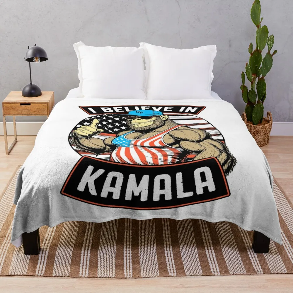 Bigfoot I Believe In Kamala Harris For President USA Flag Throw Blanket Vintage anime manga Blankets