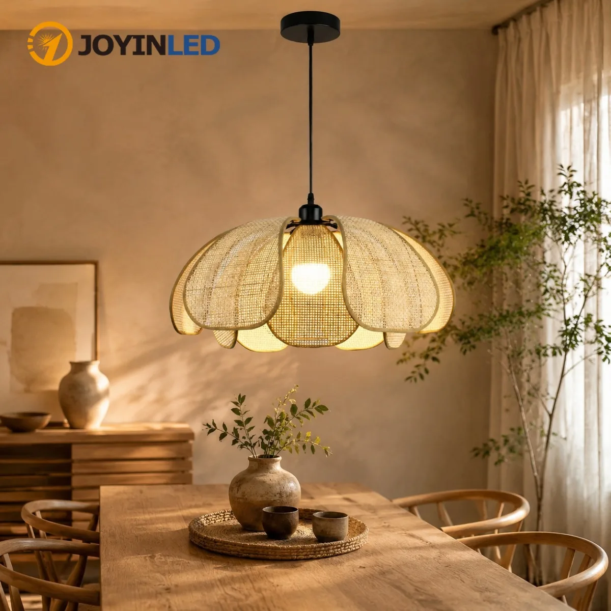 JOYINLED 50CM Rattan Pendant Light Handwoven Natural Wicker Chandelier Retro Japanese Style Ceiling Lamp for Dining Room Bedroom