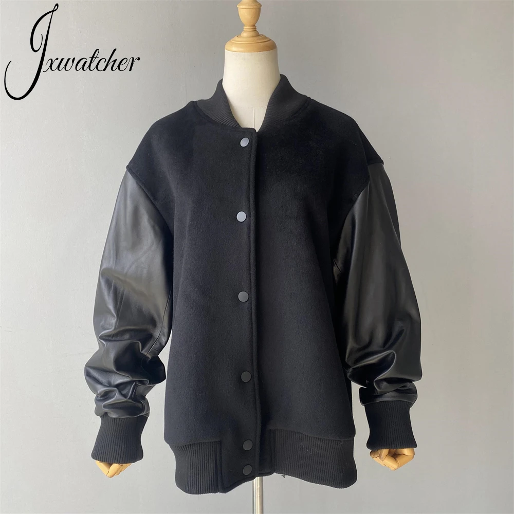 Jxwatcher Cashmere Bomber Jacket With Real Leather Sleeves Unisex Hip Hop Streetwear Spring Wool Coat Sheepskin Baseball Outwear