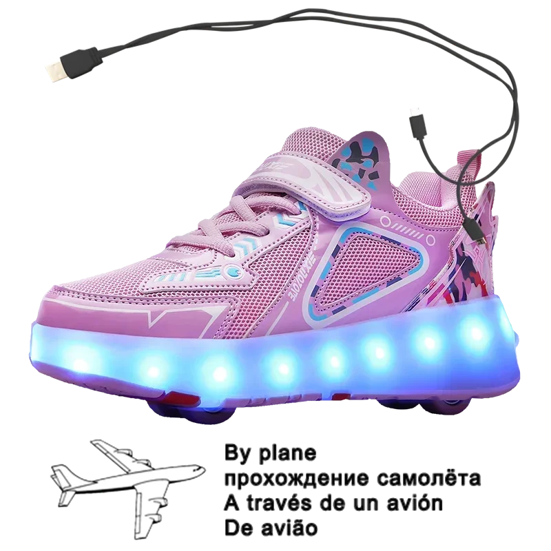 Pink LED Light Roller Skate Shoes para crianças, sapatilhas de 4 rodas, carregamento USB, meninas e meninos, moda infantil, novo