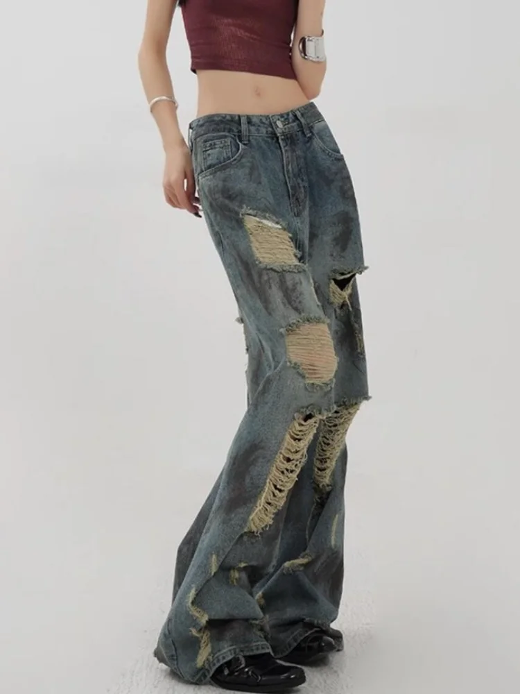 Deeptown-Calça feminina de perna larga de cintura alta, streetwear vintage americano, harajuku estético, calça jeans solta hip hop, Y2k, 2024