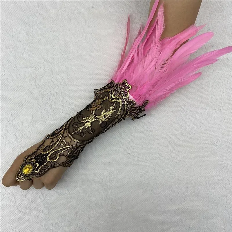 Lace Gloves Women Y2k Feather Rave Accessories Lolita Halloween Brass Knuckles Cosplay Cuffs Fingerless Black Long Mesh Feather