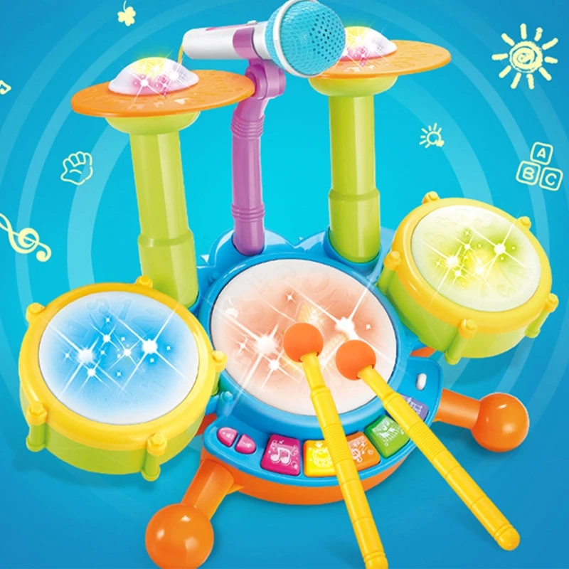 Drum Set for Kids with Movable Working Microphone to Sing Tons of Various Functions and Activity Bass Drum with Lights