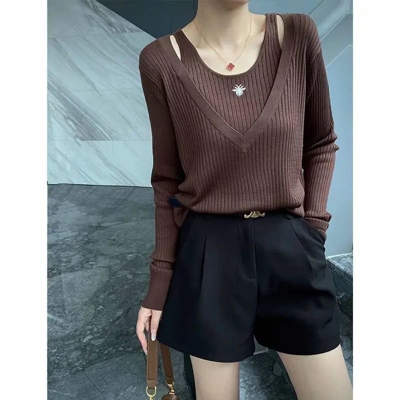 Autumn and Winter New Fashionable Fake Two Piece Long Sleeve Embroidered Off Shoulder Knitted Shirt Versatile Top for Women