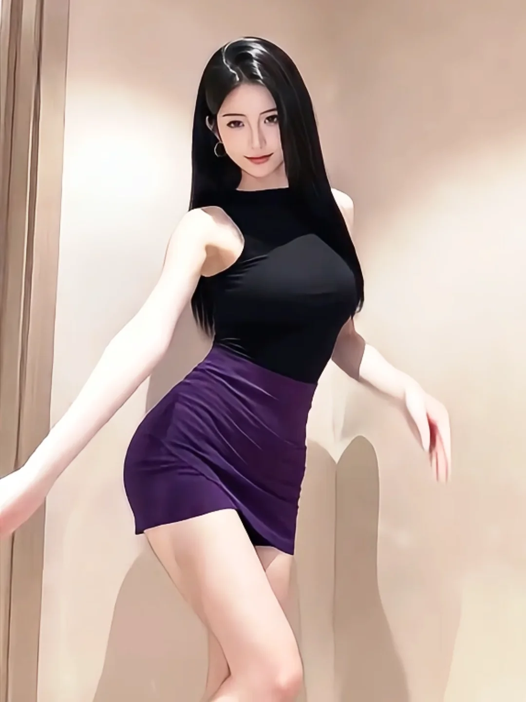 

Sexy Retro Hot Girl Black round Neck Shoulder Bared Vest Top Body Shape Highlighting High Waist Short Skirt Two Piece Set