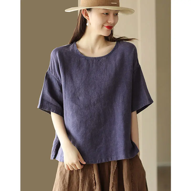 Women Summer Simplicity Loose Fashion Solid Color Cotton and Linen O-neck Short Sleeve T-Shirt Ladies Casual Appear Thin Top Tee