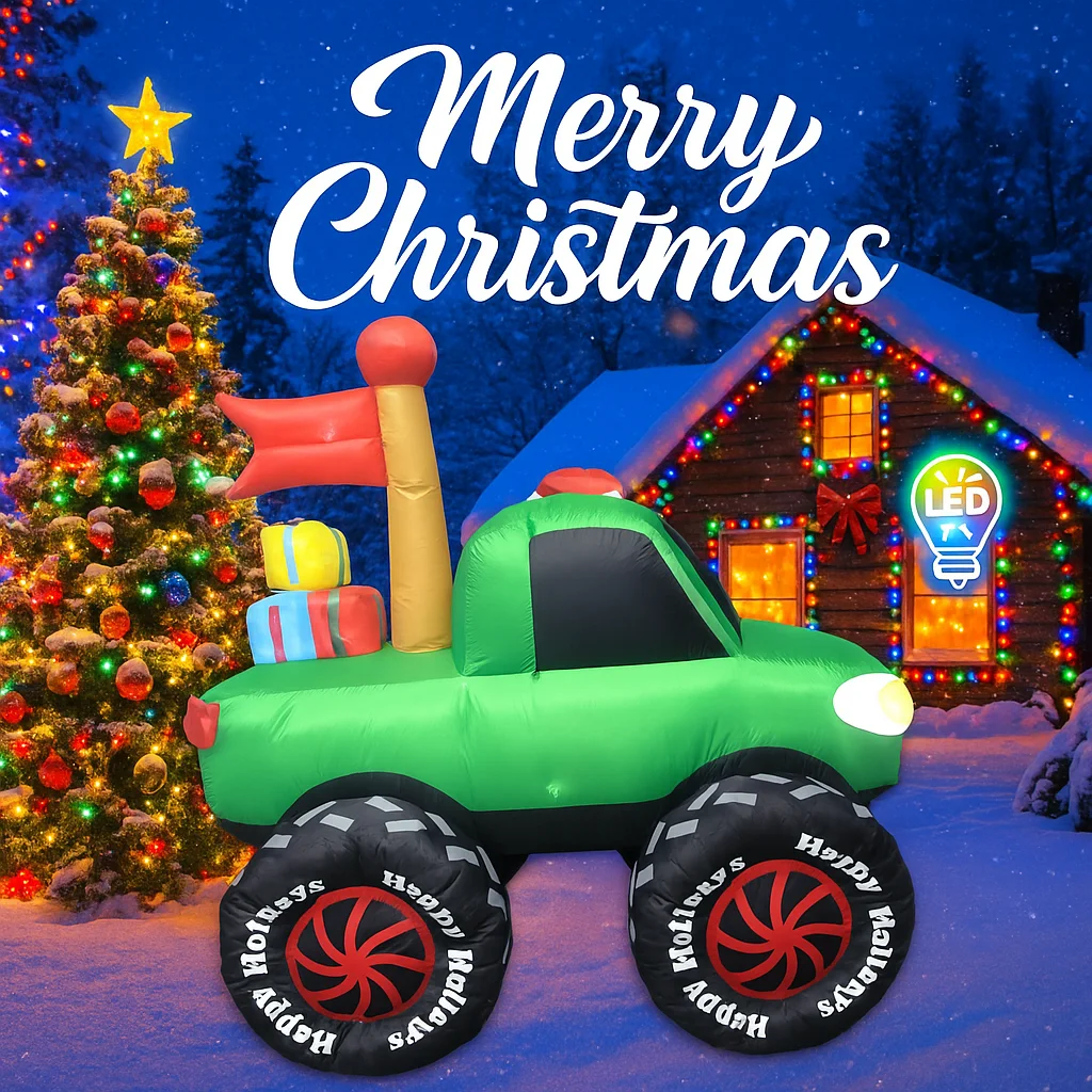 5.91FT عطلة الإضاءة مع أضواء LED العملاق عيد الميلاد نفخ سانتا كلوز شاحنة اللعب عيد الميلاد ساحة زخرفة لوازم الحفلات المنزلية