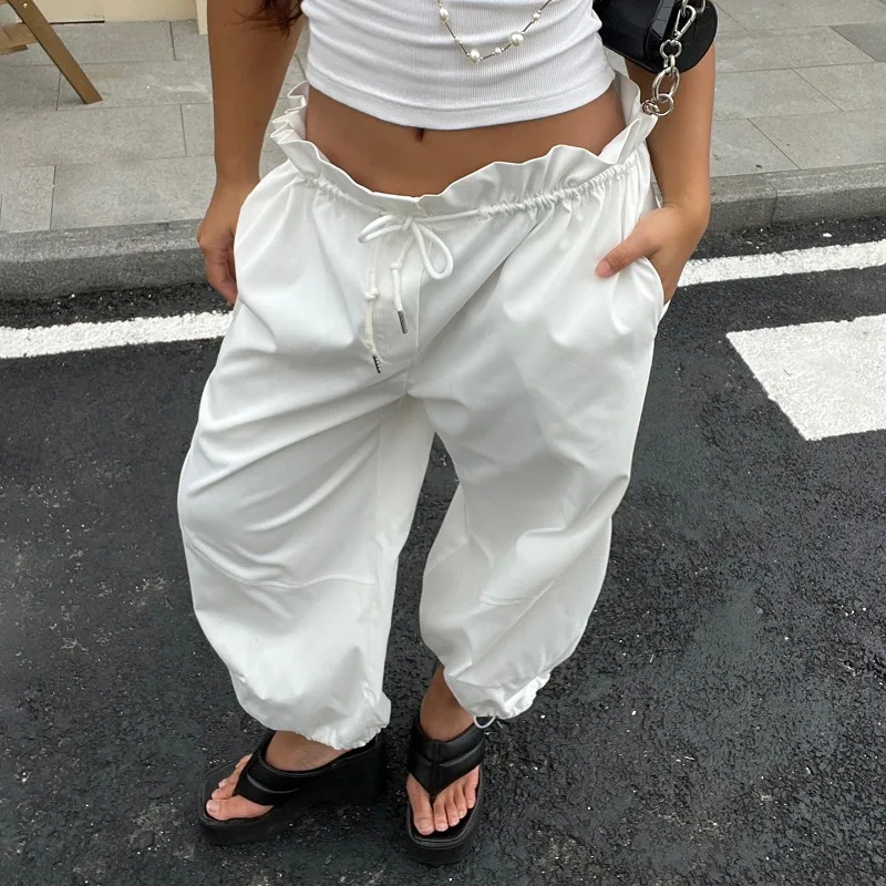 European American Street Fashion Casual Solid Drawstring Work Pants Elastic Waist Versatile Mid Length