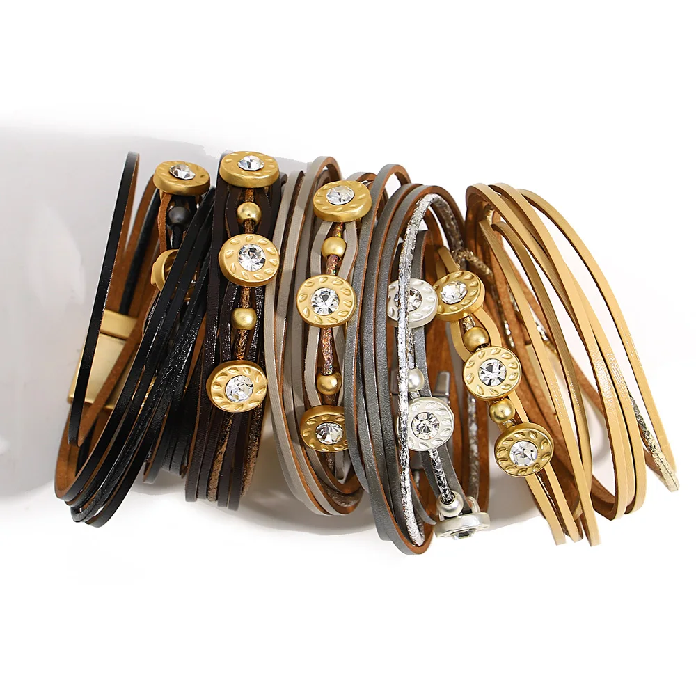 ALLYES Fashion Inlaid Rhinestone Metal Beads Leather Bracelet for Women Multilayer Slim Strips Wrap Bracelets Charm Jewelry