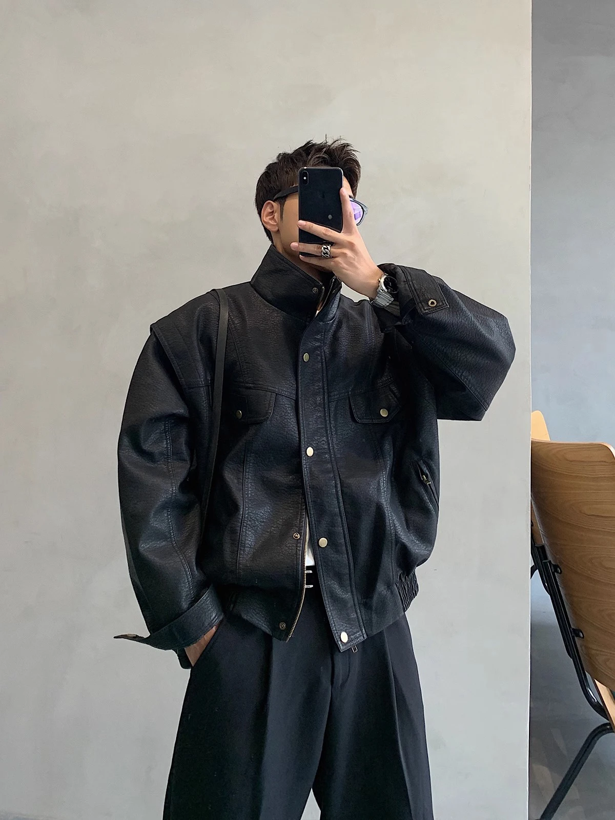 

Ретро Fce Lined ort Байкерская куртка мужская свободная посадка ветрозащитное пальто из искусственной кожи с воротником-стойкой винтажная американская верхняя одежда