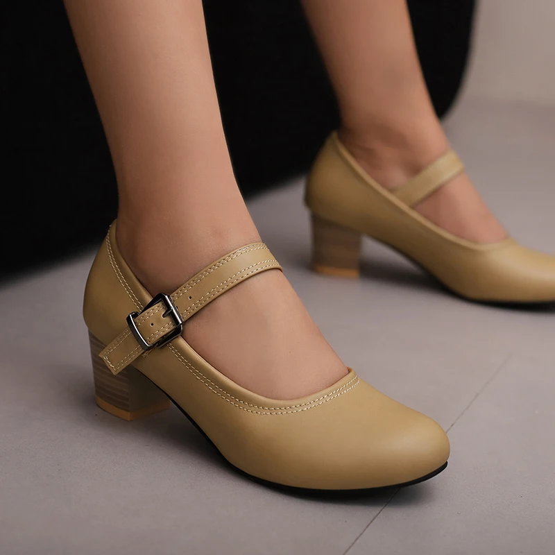 Low Heels Women Pumps Mary Janes Shoes Spring Ankle Strap Black Grey Short Heeled Wedding Office Dress Shoe Female Large Size 45