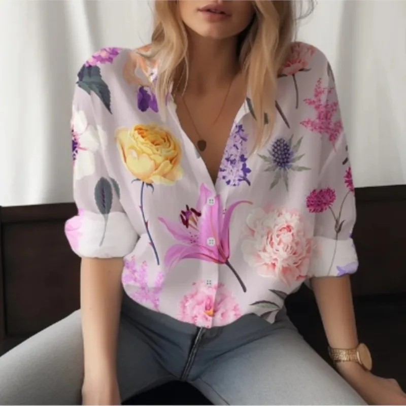 New long sleeved shirt with women\'s lapel buttons and floral print pattern fashionable street style shirt comfortable women\'stop