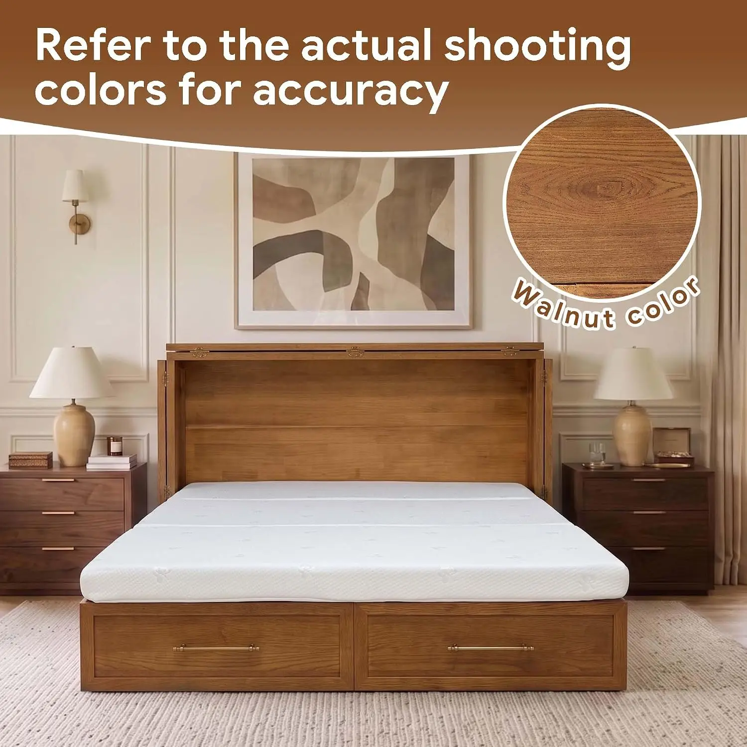 Solid Wood Queen Murphy Bed with Mattress,Arch Recessed Design