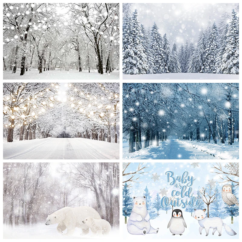 Mocsicka inverno floresta fotografia fundo recém-nascido retrato branco neve árvore de natal animal festa de aniversário decoração