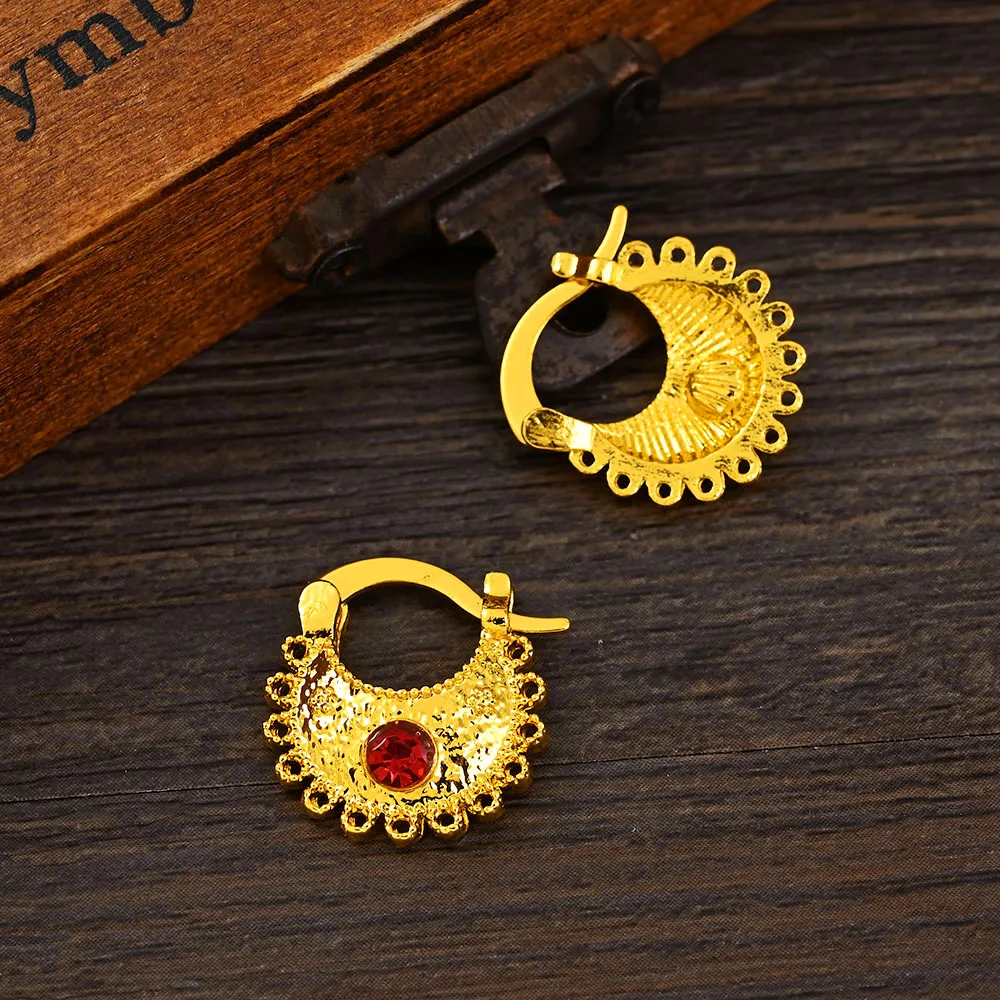 Gold Color Lovely Red CZ Round Circles Huggies Hoop Earrings Kids Children Women Girls Boy Jewelry African Christmas Party Gift