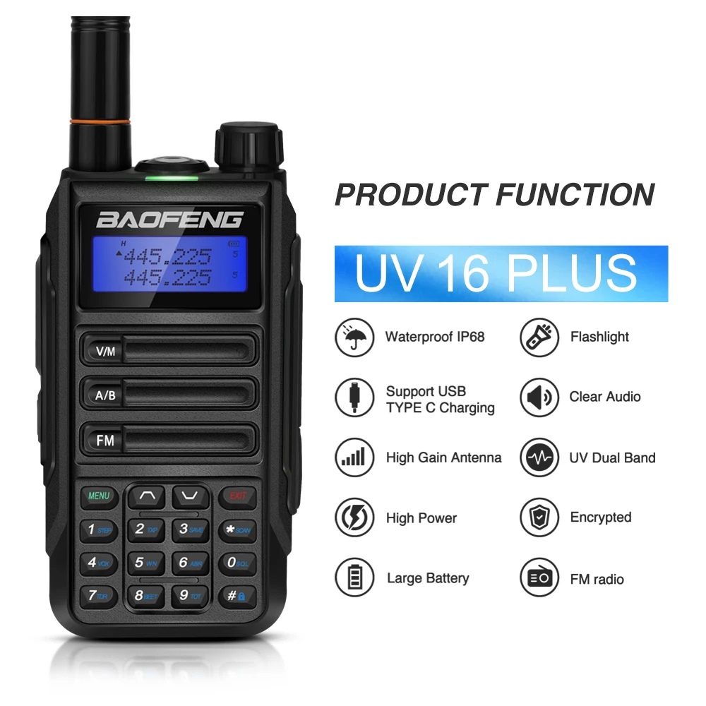 Original Baofeng UV 16 plus 10W Walkie Talkie IP68 Transceiver Dual Band CB Ham Two Way Radio USB Charger Professional Hunting