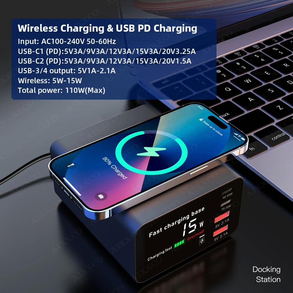 110W USB Type C Charger 4 Ports Desktop Wireless Charging Station For iPhone 14 13 Samsung PD 65W Fast Charger For Laptop Tablet