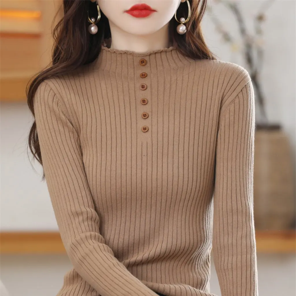 スリムフィットの女性用ベースセーター、ドローストリング付きコットンラインハーフタートルネックデザイン、秋と冬用の新しいインナーシャツ
