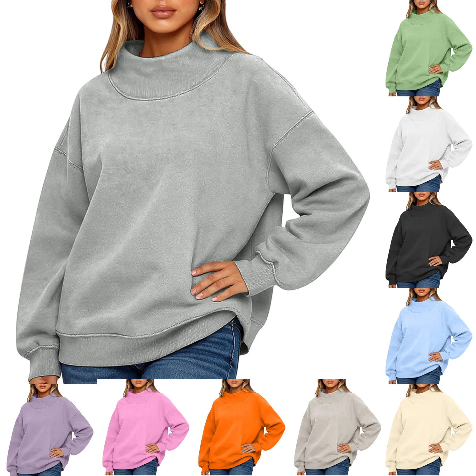 

Ladies' Fashionable Sweater Loose High Neck Long Sleeved Solid Color Hoodie Top Pullover Comfortable Autumn Winter Pullovers