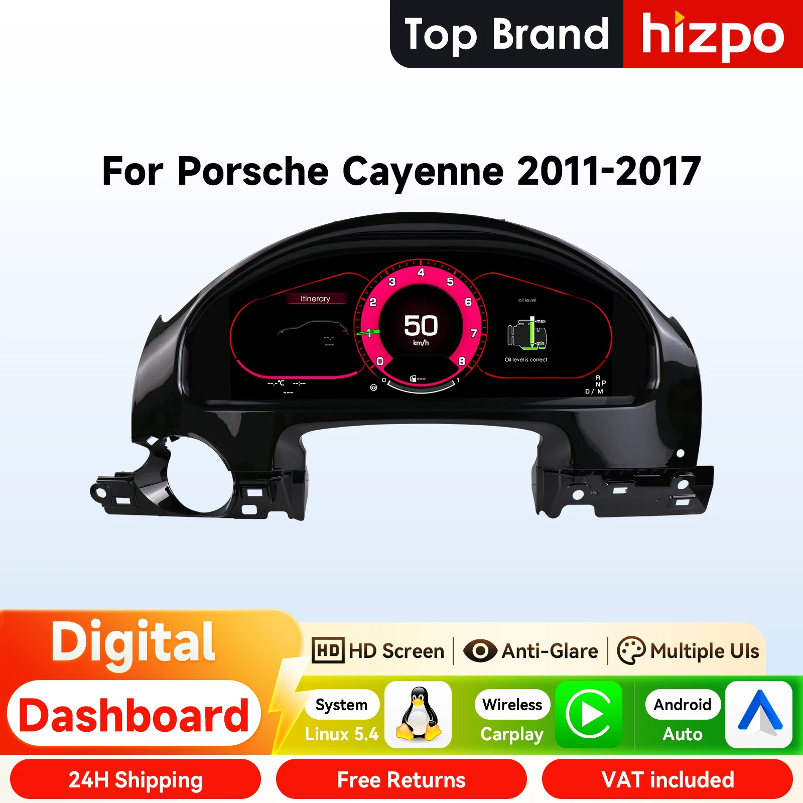 12,3-Zoll Hizpo Digitales Auto-Instrumentencluster für Porsche Cayenne 2011 - 2017 LCD-Armaturenbrett Virtuelles Cockpit CarPlay Android Auto
