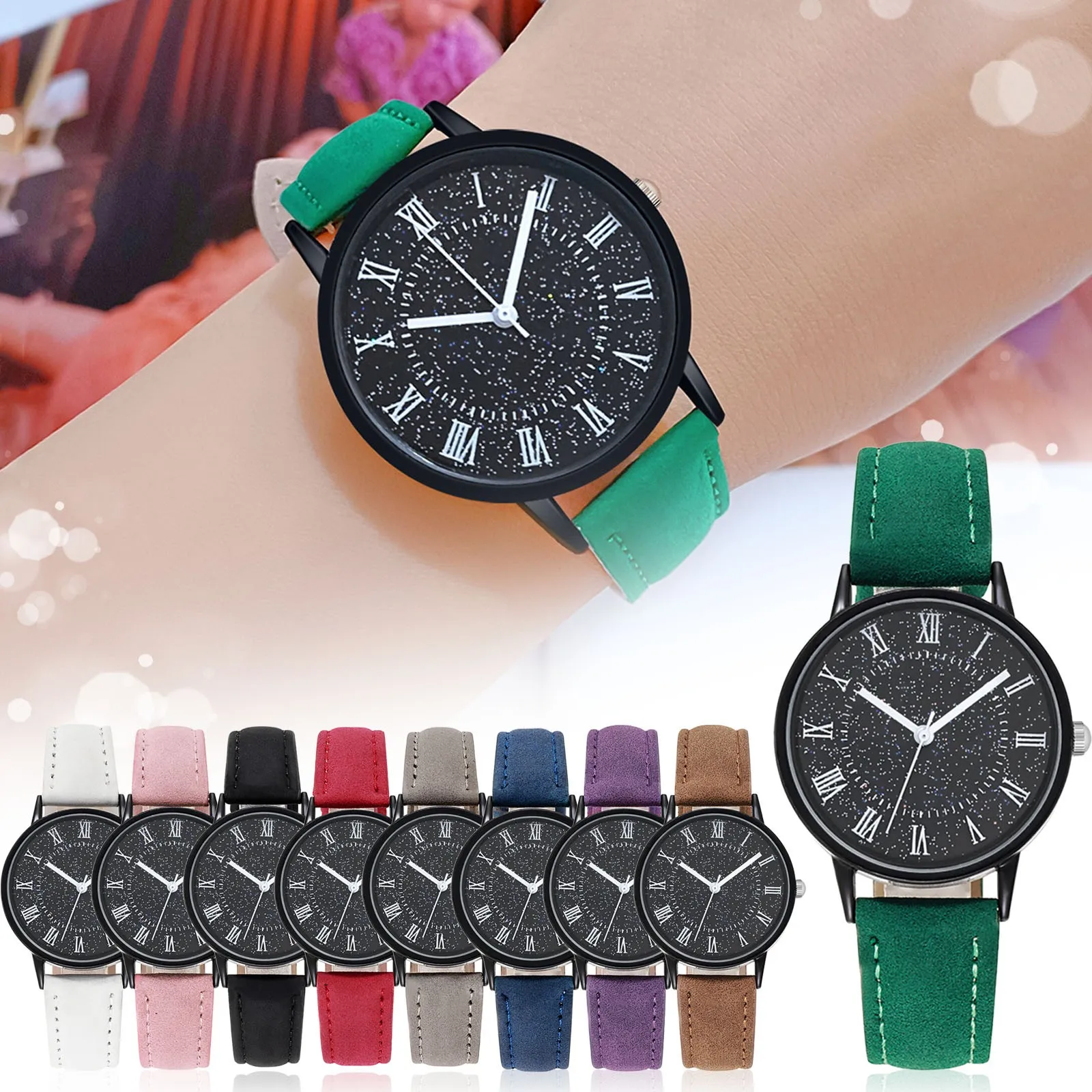 Women'S Classic Quartz Watch Elegant Simple Exquisite Wristwatches Fashion Star Sky Dial Frosted Leather Strap Watch