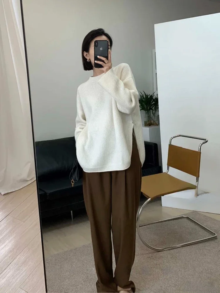 Vintage Sweater Side Fork Thick Loose Middle and Long Oversize Sweater Woman O-Neck Autumn and Winter Fashion Knitted Pullover