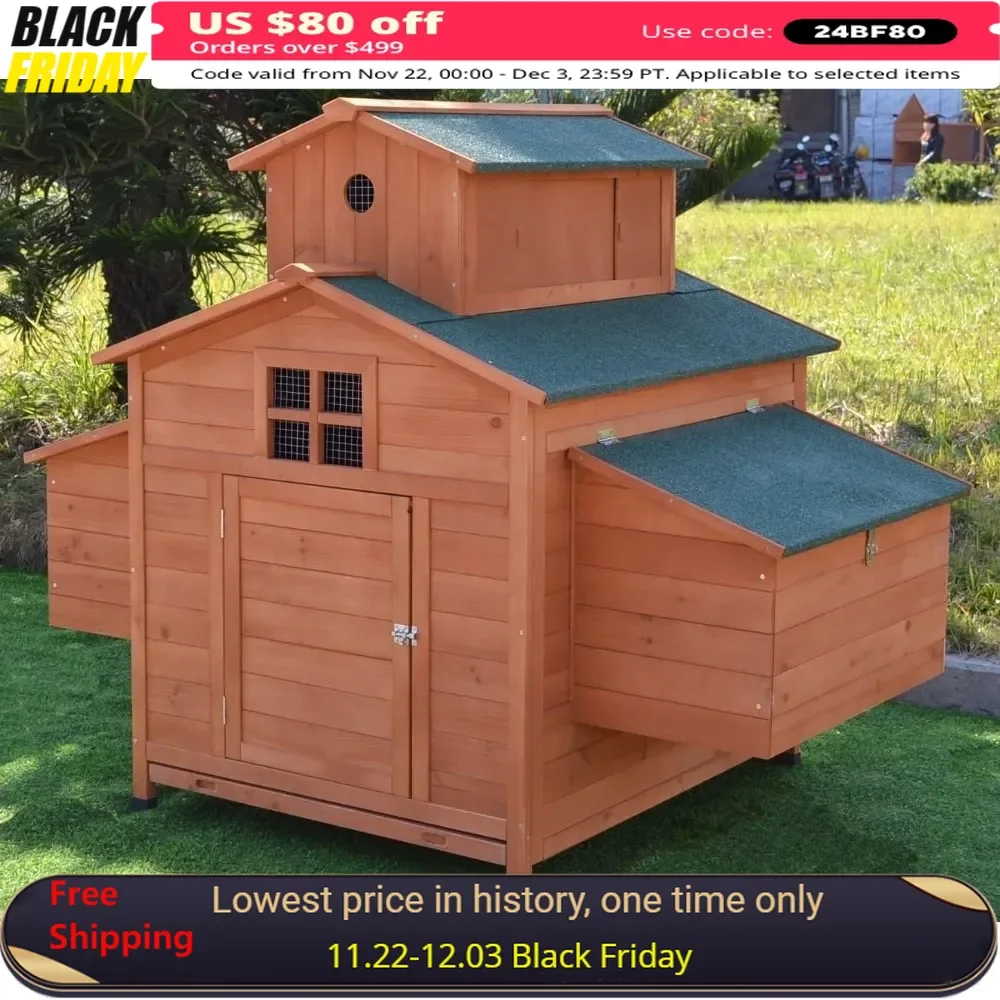 Chicken Coop,for6-10 Chickens,with 6 Nesting Box,2 X Access Doors,with Ramp & Large Living House,Pull Out Tray，Poultry Cage