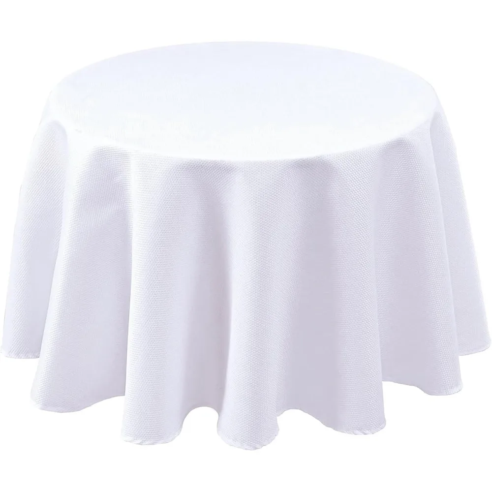 Water Resistant White Textured Fabric Round Tablecloth 60 Inch Diameter for Dining Kitchen Wedding Party Folding Table Cover Fits Tables 28 to 48 Inches