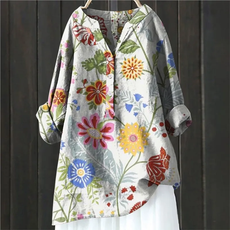 Vintage Floral Art Print Linen Shirts New Summer Women Casual Trendy V Neck Dressy Blouses Long Sleeve Button Tunic Long Tops