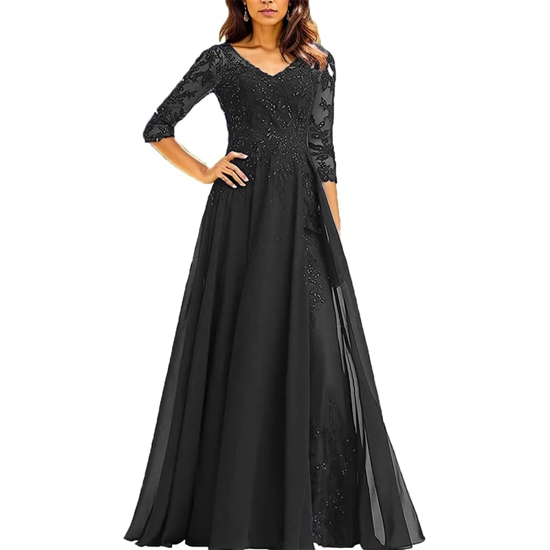 Vestidos para madre del novio con apliques de lentejuelas para mujer con manga y cuello en V, vestidos de gasa para madre de la novia