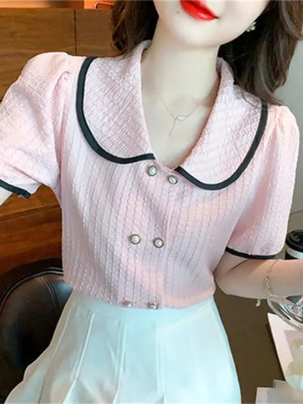 

Faionable Color Blo Doll Collar Bubble ort Sve irt Женский летний свободный топ для похудения Sweet Small Parfum Sle Top