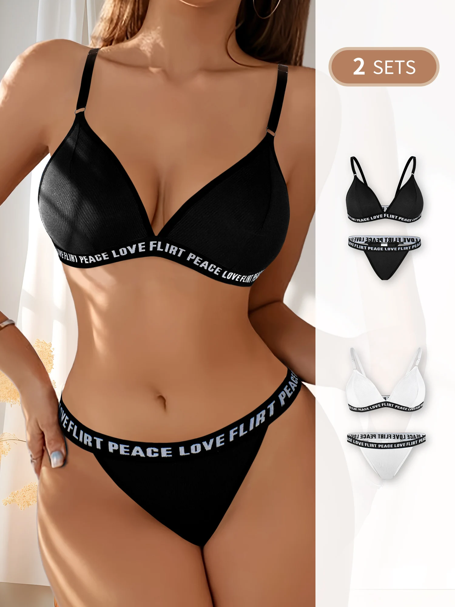 Ladies Fashion Letter-printed Underwear and Thong 2 Pieces with No Underwire Sexy Big Backless Bra 2 Pieces with 2 Sets