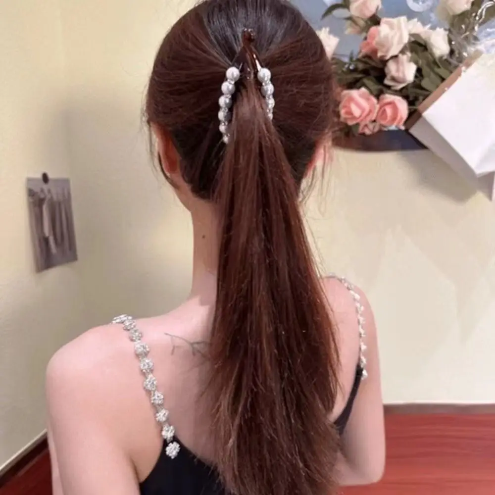 Korean Style Pearl Banana Clip Hairpin Headwear Plastic Vertical Clip Ponytail Holder Hair Claw Rhinestone Hair Clip Women