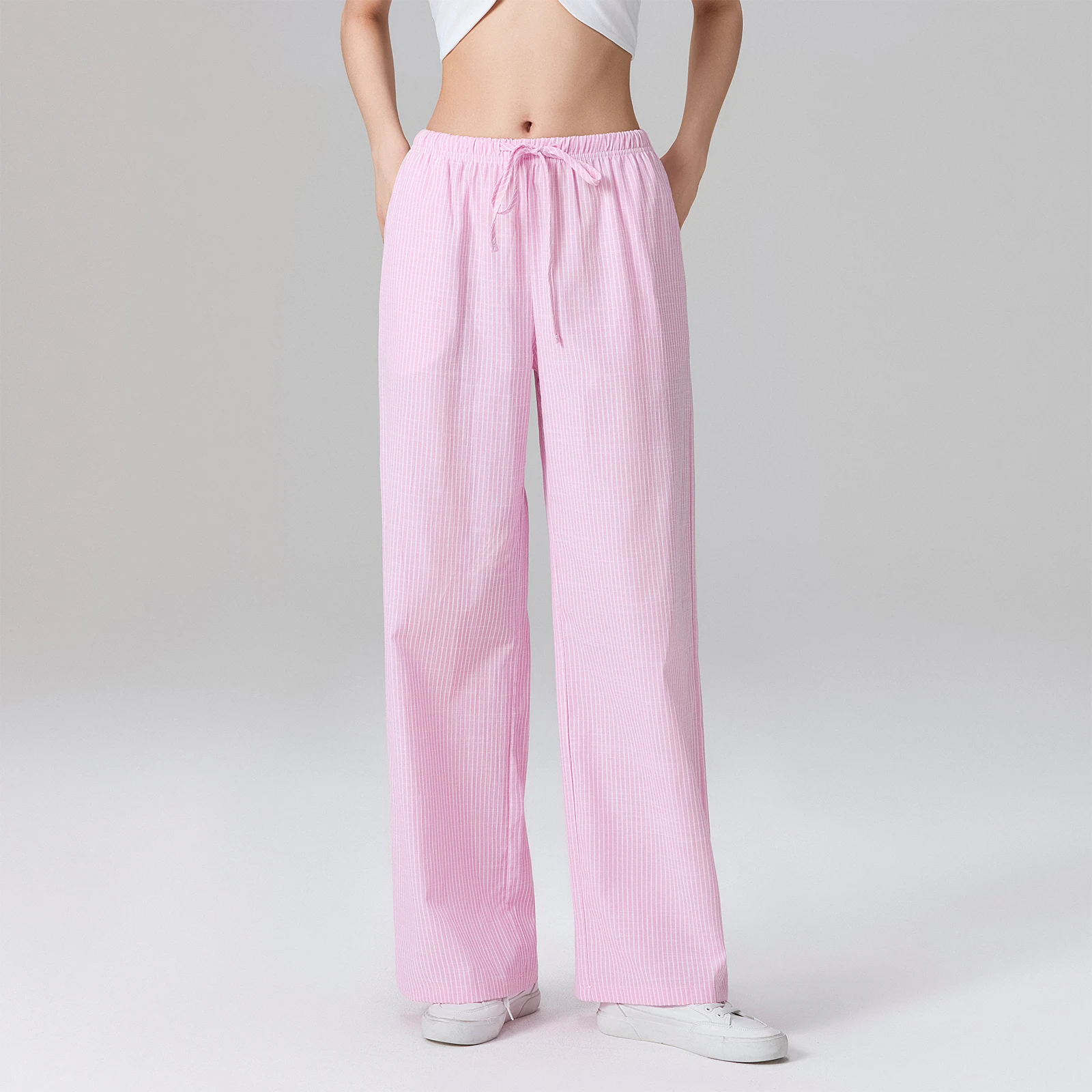 

Women Striped Pants Elastic Waist Loose Trousers Streetwear Loungewear with Pockets