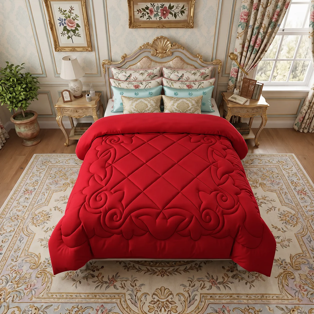 Vintage Scroll Pattern Quilted Comforter, Solid Color All-Season Bedding, Available in Pink, Red, Black, Gray, and White, Single/Double/Queen/King Sizes, Machine Washable