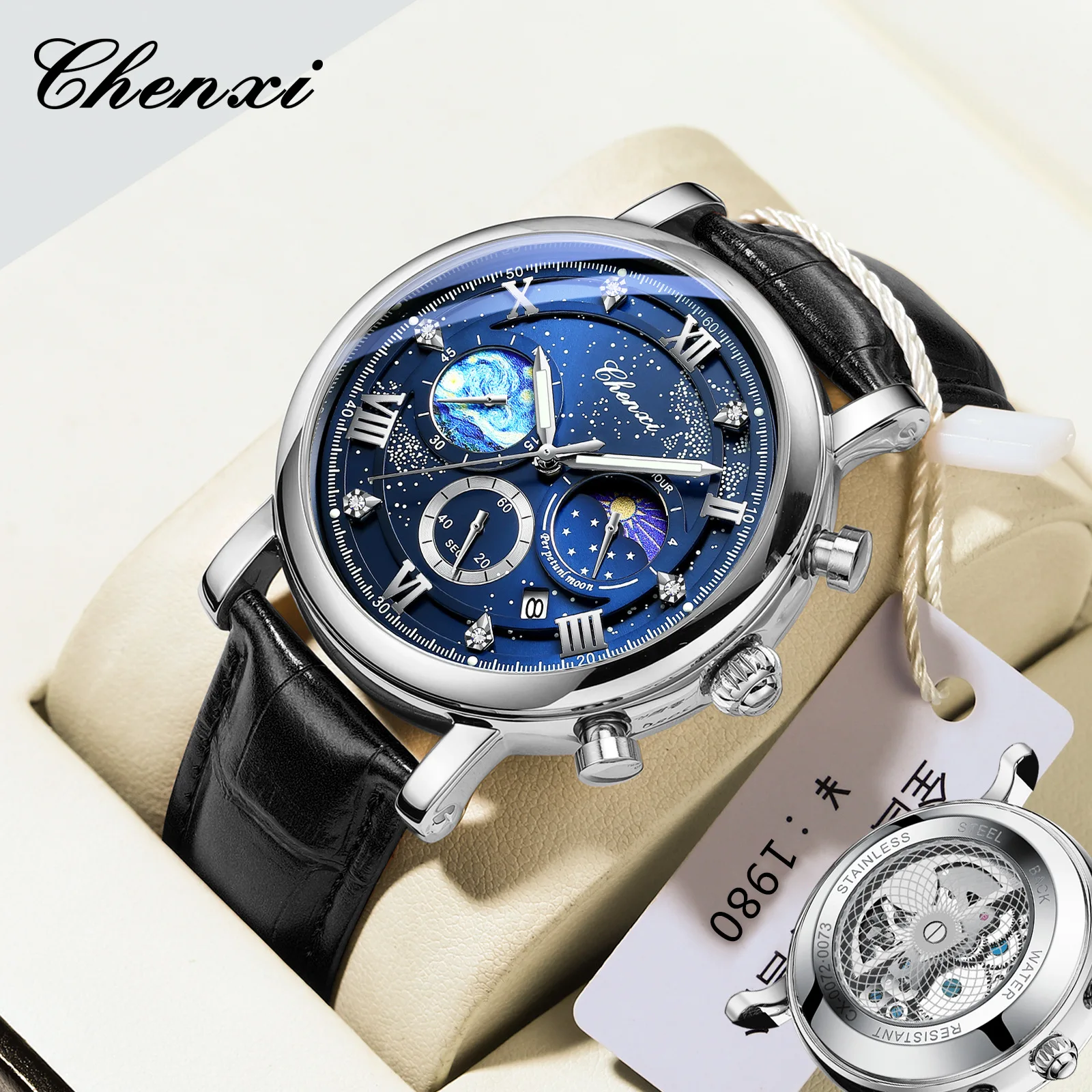 

CHENXI 0072 Men's Quartz Watch Fashion Elegant Diamond starry sky Clock Date Leather Strap Wristwatch for Male Gift