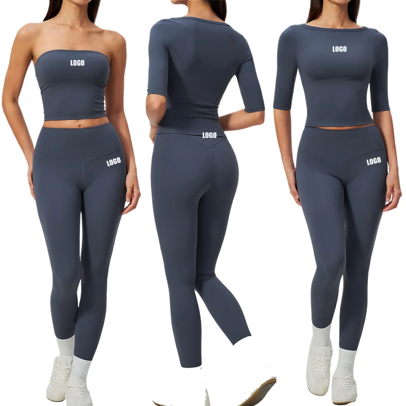 Pers LOGO Custom Women's Fashion Medium Sleeve T-Shirt Yoga Tight High Waist Peach Hip Sports Fitness Clothing Two-piece Set