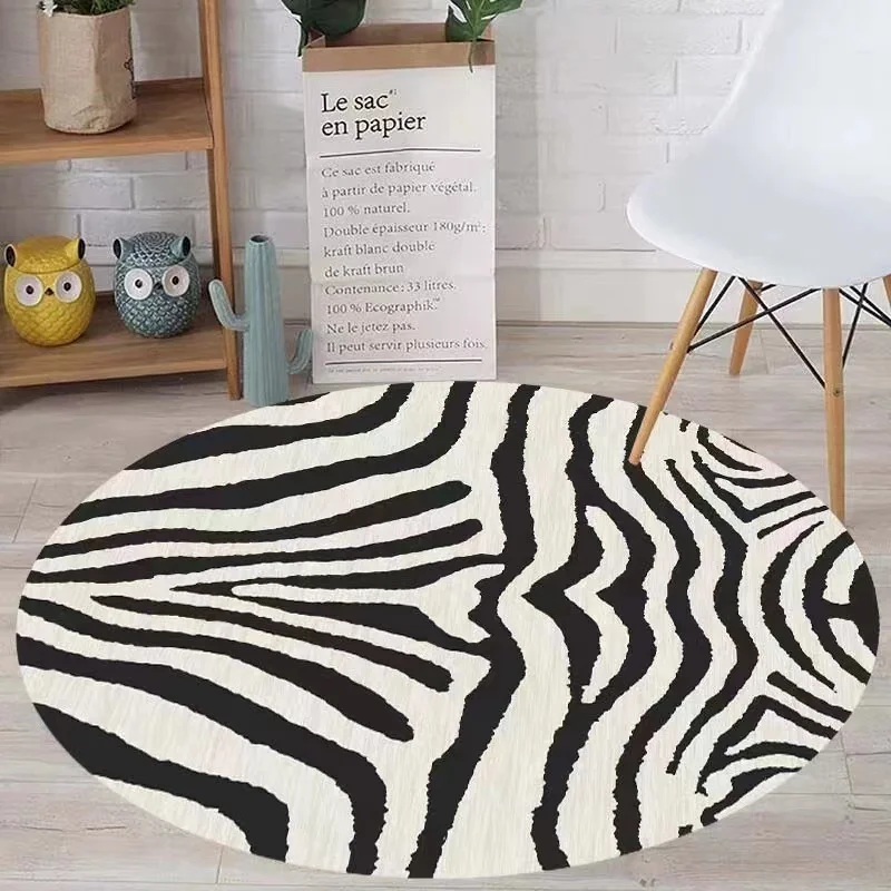 Modern Style Rugs for Bedroom Minimalist Living Room Decoration Plush Carpet Zebra Pattern Round Floor Mat Home Washable Rug