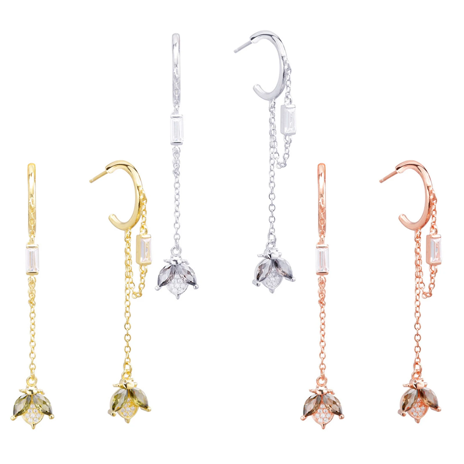 

925 Sterling Silver Honey Bee Dangle Drop Earrings With Clear CZ For Women Zircon Bee Chain Piercing Jewelry Tassel European Pop