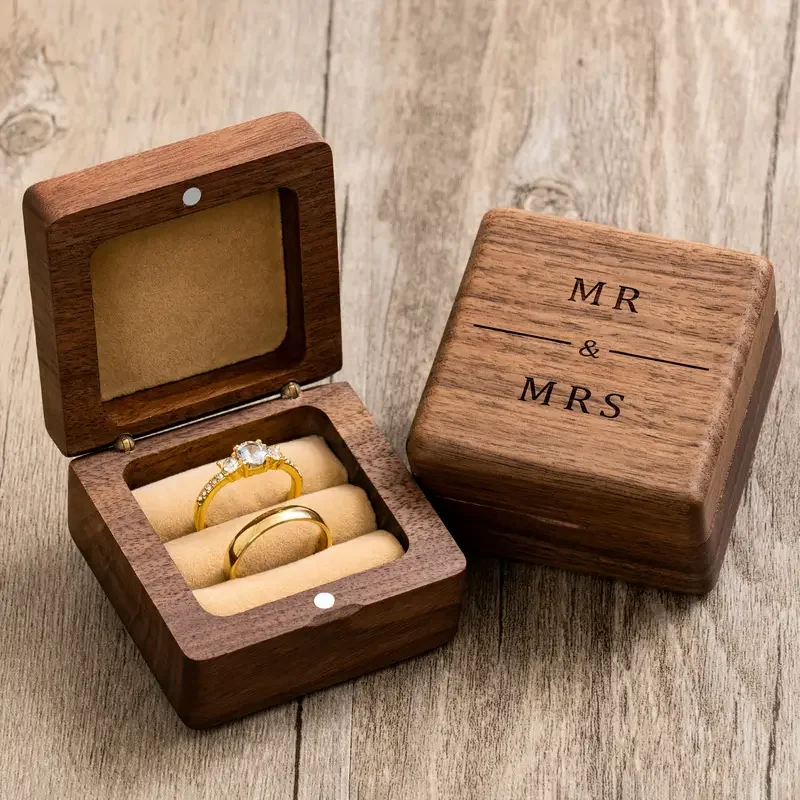 ข้อเสนอหมั้นงานแต่งงานแกะสลักวอลนัทไม้กล่องแหวน Mr & Mrs, แหวน Bearer กล่องสําหรับ 2 แหวน, upscale ของขวัญจอแสดงผล
