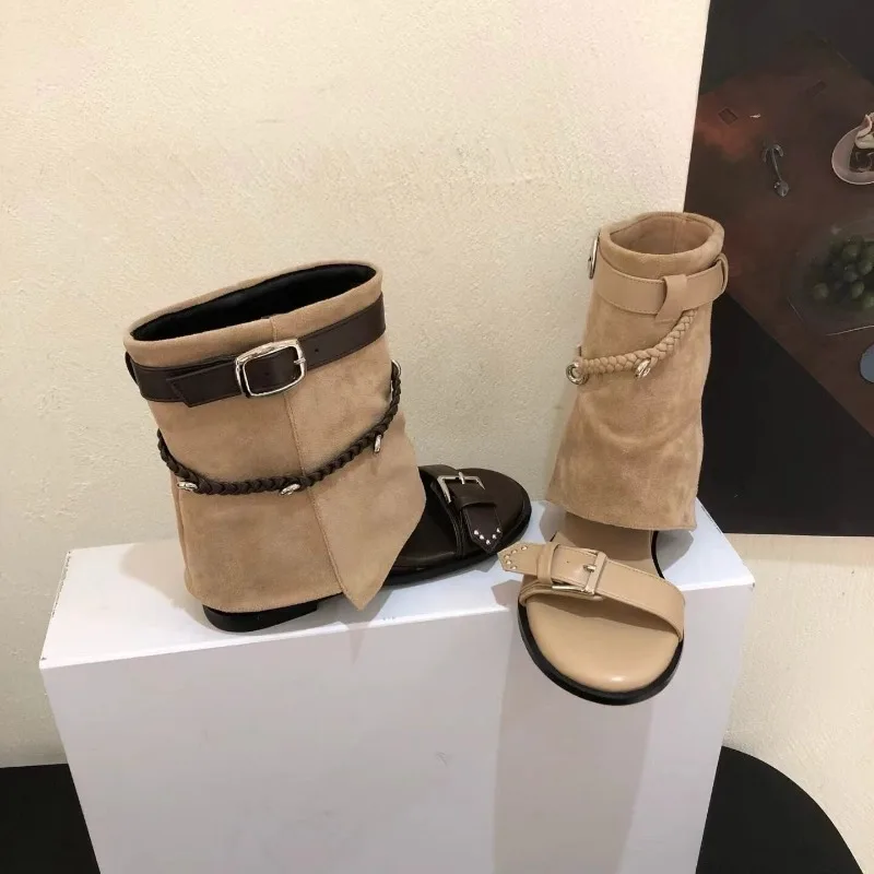 2026 New Inside Heightened Short-leg Pants Tube Retro Roman Slide Boots Women's Summer Strap Clip-in Sandals