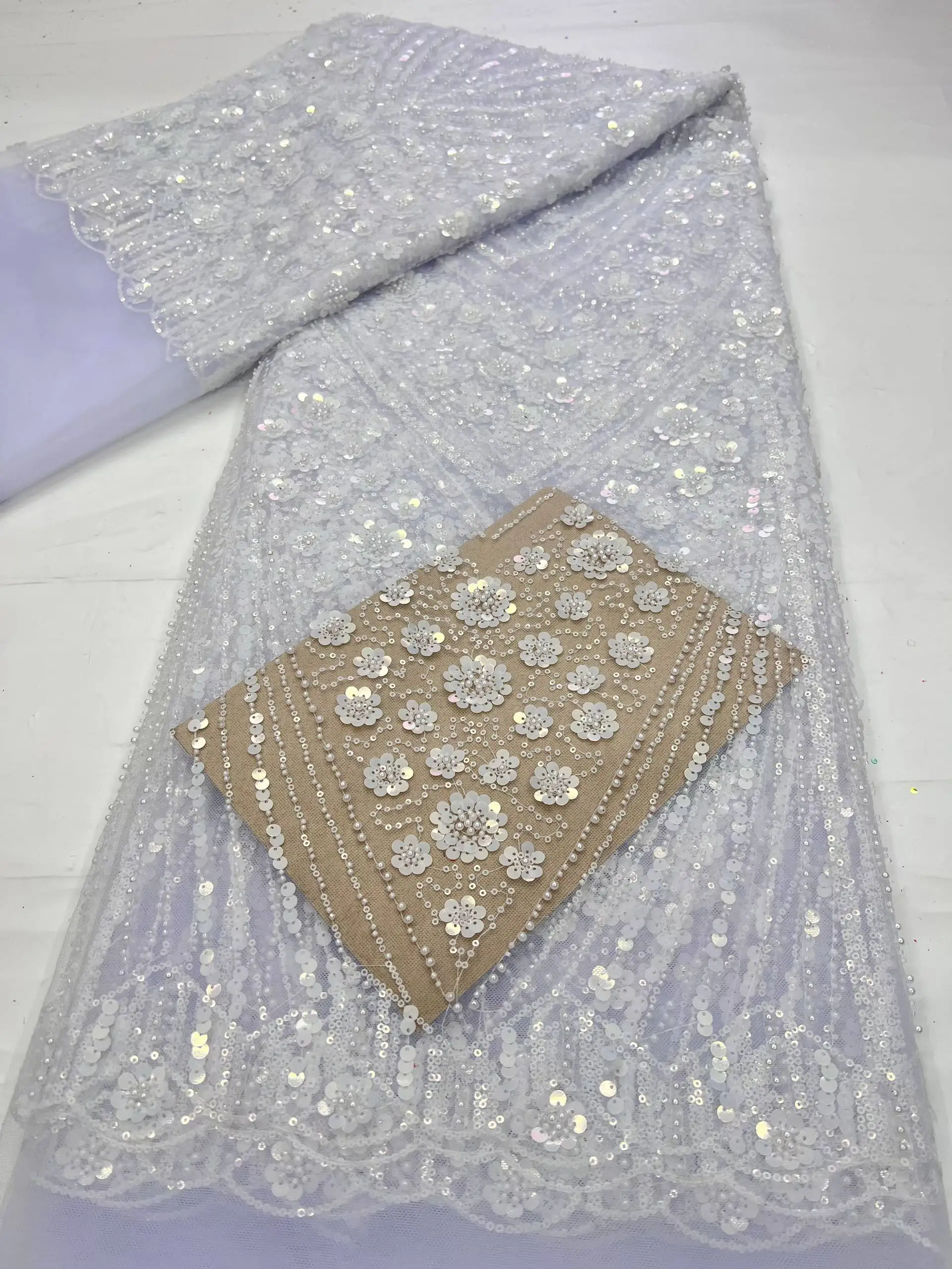 

2026 High-Quality African Beads Lace Fabric Nigerian Sequins Lace for Wedding Party Dresses Sewing French Dress Style
