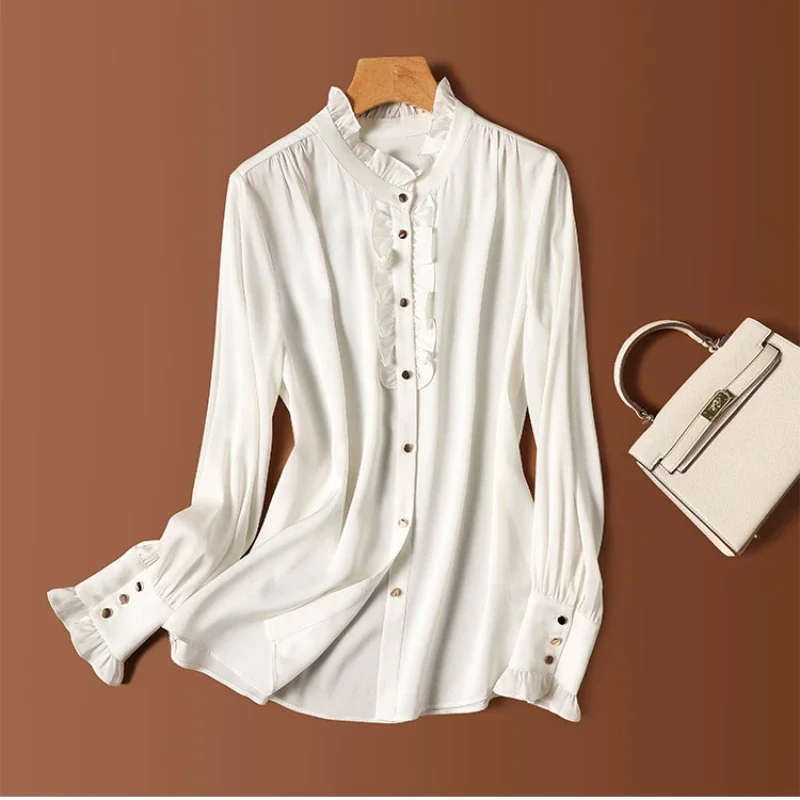 

Silk Women's Shirt Satin New Casual Blouses O-neck Spring/Summer Ladies Clothing Loose Fashion Long Sleeves Solid Ruffles Tops