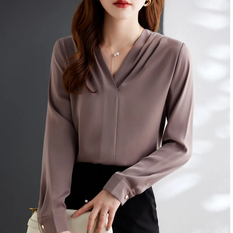 Gray V Neck Shirt Women Formal Autumn New Temperament High End OL Chiffon Long Sleeve Blouses Office Ladies Work Tops White