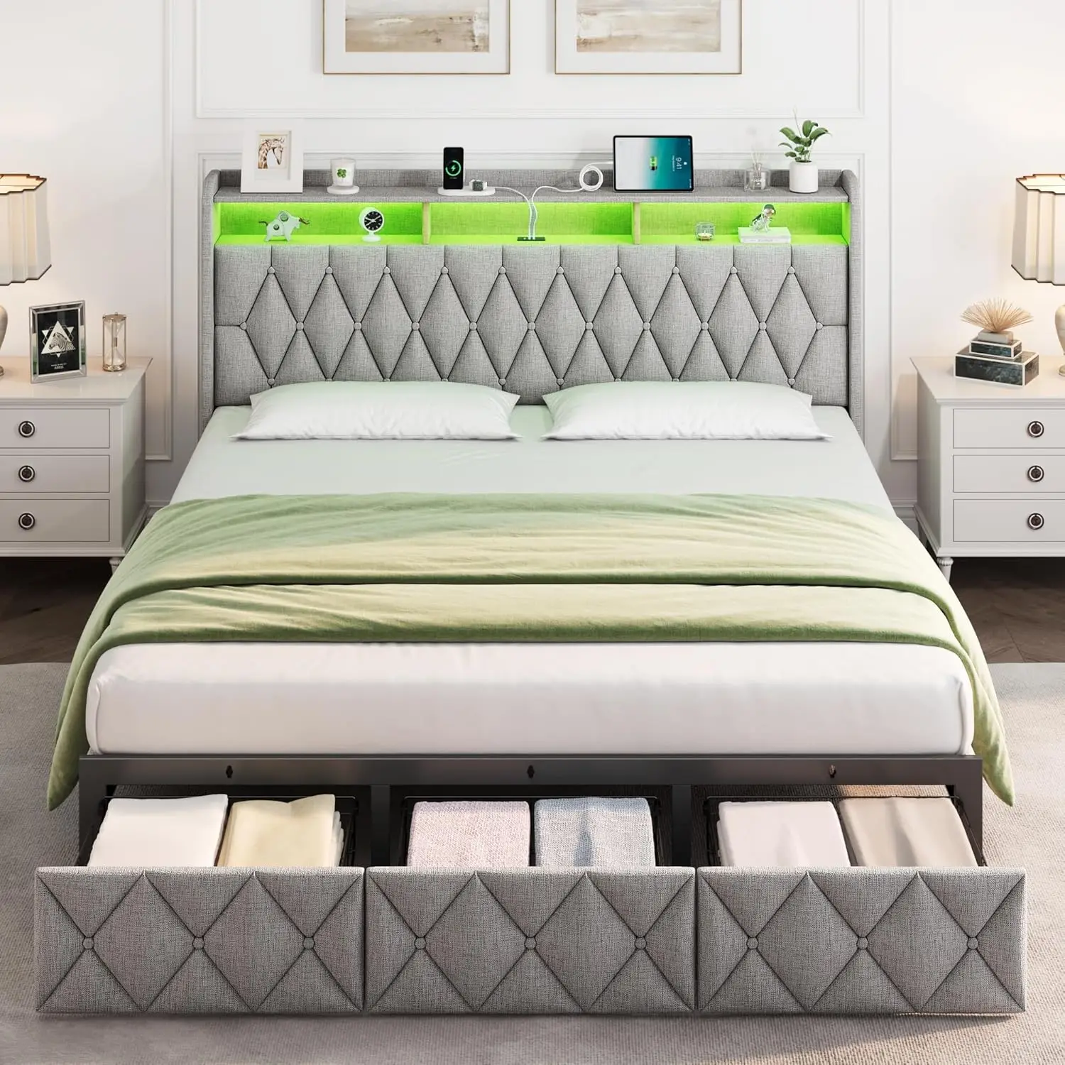 King Size Bed Frame With 3 Storage Drawers,Upholstered King Bed Frame With Charging Station And Led Lights Headboard,No Box