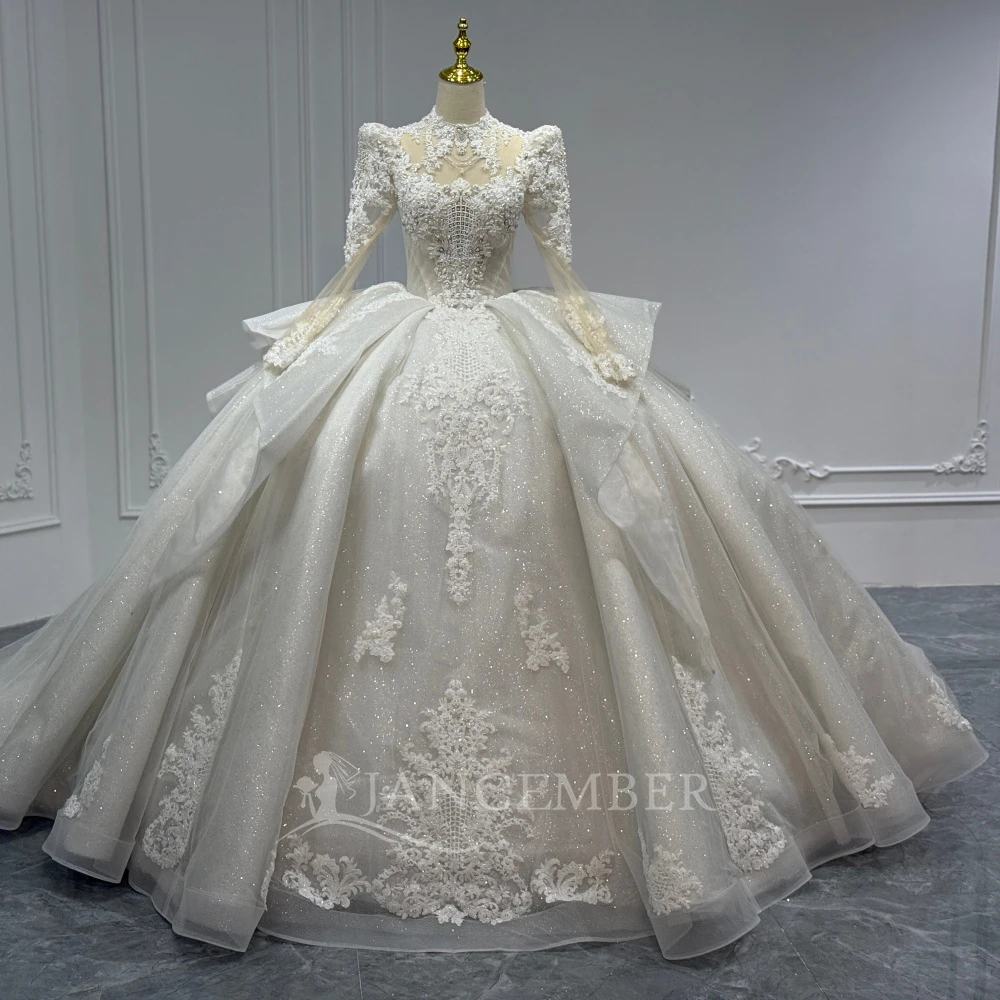 

Роскошное свадебное платье из органзы по индивидуальному заказу с высоким воротом и длинными рукавами, свадебные платья больших размеров с оборками платье сва