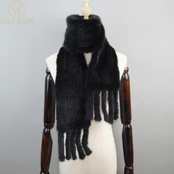New Women Quality 100% Real Mink Fur Scarf With Tassel Hand Knit Natural Mink Scarves Neck Warmer Ring Scarves Wholesale Retail