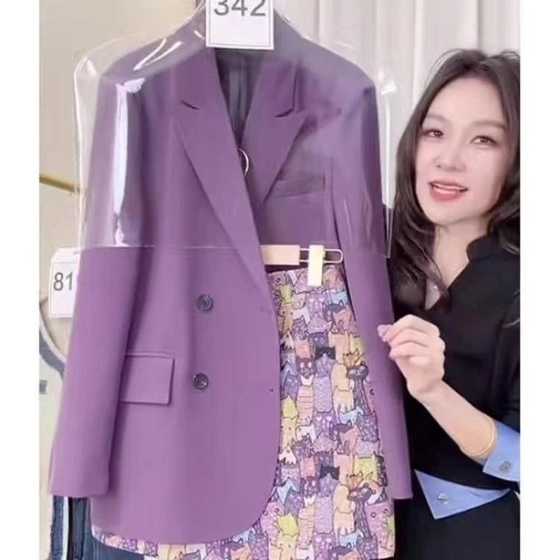 

Модный женский костюм, новый весенне-осенний высококачественный фиолетовый пиджак с принтом, короткая юбка, комплект из двух предметов