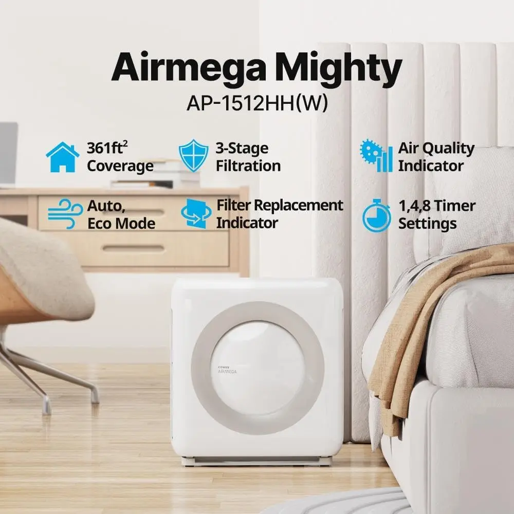 Airmega AP-1512HH(W) True HEPA Purifier with Air Quality Monitoring, Auto, Timer, Filter Indicator, and Eco Mode, 16.8 x 18.3 x