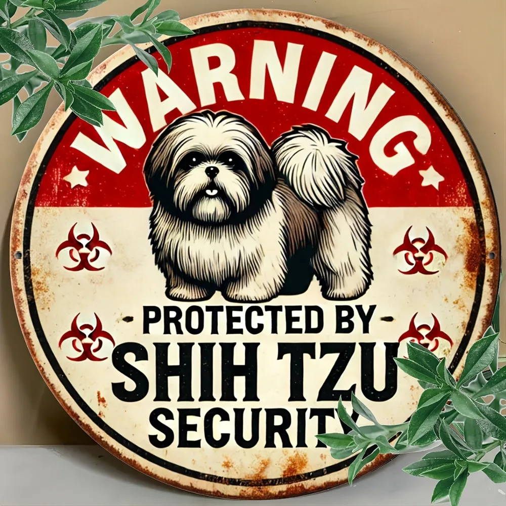قطعة واحدة من علامة التحذير العتيقة - لوحة دائرية من الألومنيوم المصنوعة من معدن القصدير من Shih Tzu لأمن الكلاب، ديكور جداري فني #1